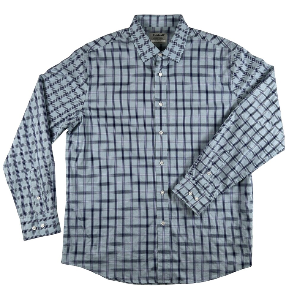 Haggar Dress Shirt Mens 16.5 34/35 Blue Plaid Classic Fit Stretch Long Sleeve